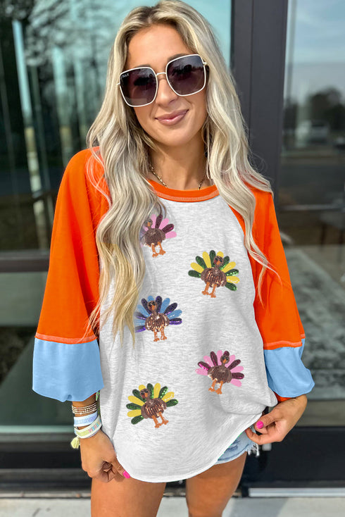 Sequin Turkey Graphic Color Block Raglan Long Sleeve Curved Hem Tee